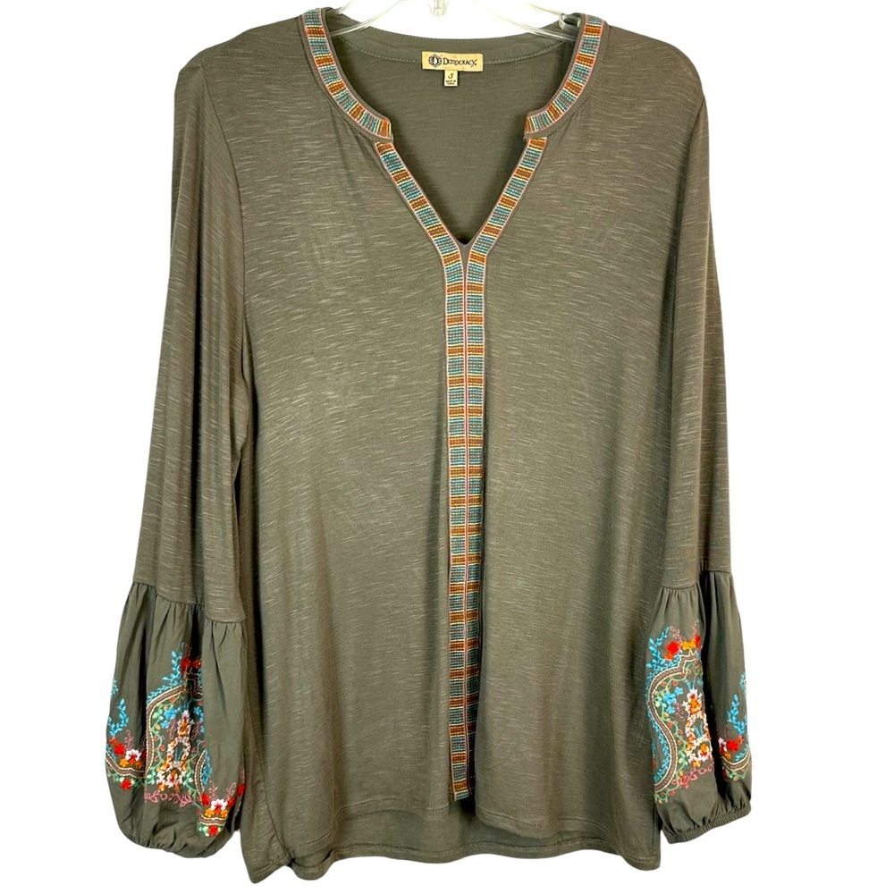 Democracy Embroidered Bishop’s Sleeve Rainbow Stitching Tunic Top Women’s Size S
